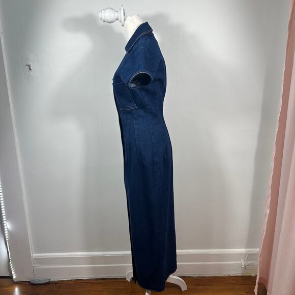 VTG Vesti Denim Shirt Dress Blue Button Front Midi Short Sleeve Utility Retro L - Picture 9 of 13